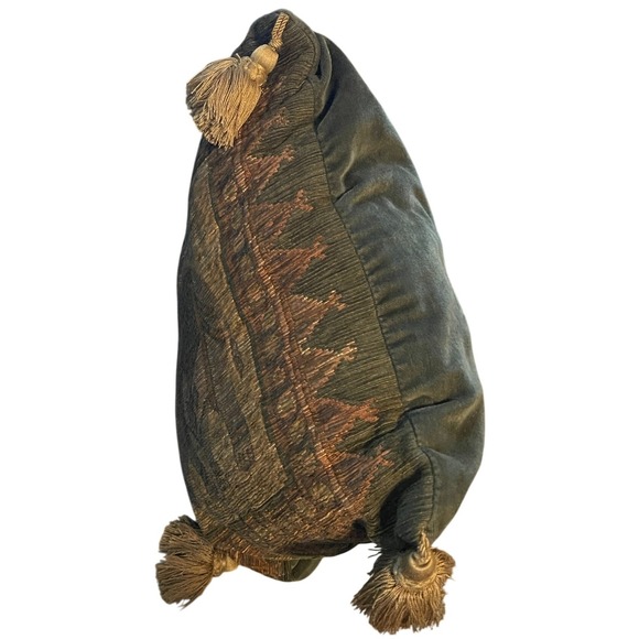 Elephant Tapestry Throw Pillow 14x14 inch Olive Green Bronze Gold Tassels - Picture 5 of 6